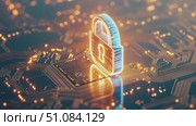 A glowing padlock symbol on a circuit board background. The design represents cybersecurity and digital protection concepts. Стоковое AI-видео, аниматор Nart / Фотобанк Лори