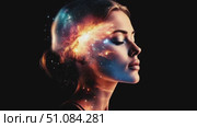 A young Caucasian woman with long brown hair, eyes closed, has a cosmic galaxy pattern overlaying her profile. The background is dark, emphasizing the vibrant colors of the galaxy. Стоковое AI-видео, аниматор Nart / Фотобанк Лори
