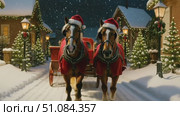 Two horses in red blankets and Santa hats pull a sleigh through a snowy village at night. Christmas lights adorn the houses and trees. Стоковое AI-видео, аниматор Nart / Фотобанк Лори