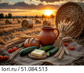 Закатный час сбор урожая поле со злаками перерыв. Стоковое AI-изображение, AI-художник Алёна Николенко / Фотобанк Лори