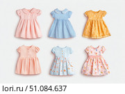 Colorful collection of baby dresses, isolated on a white background. Different styles and colors clothes for baby girls. Rainbow ruffle skirt, denim shirt top, party gown, cotton short-sleeve dresses. Стоковое AI-изображение, AI-художник Марина Демидюк / Фотобанк Лори