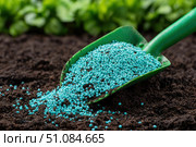 Green scoop with fertilizer blue granules. Granular chemical fertiliser for plant over soil background. Role of nutrients mineral in plants growth, soil life. Space for text. Gardening time. Planting. Стоковое AI-изображение, AI-художник Марина Демидюк / Фотобанк Лори