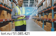 A young Hispanic man in a safety vest uses a tablet in a warehouse. Shelves filled with cardboard boxes are visible in the background. Стоковое AI-видео, аниматор Nart / Фотобанк Лори