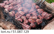 Pork Butt sliced on BBQ. Shish kebab. Pieces of pork on the grid, grilled meat with smoke. Food preparation process. Marinated spiced fillet meat cooked on charcoal barbeque grill. Outdoors cooking. Стоковое видео, видеограф Марина Демидюк / Фотобанк Лори