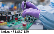 Expert technician soldering components on a circuit board in a high-tech electronics lab. Стоковое AI-видео, аниматор Сергей Толмачёв / Фотобанк Лори