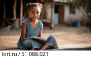 An African girl sitting on the ground, reading a book in a rural school yard, peaceful educational environment. Black African children from disadvantaged families study in school, read books, receive primary education, volunteer service. Стоковое AI-изображение, AI-художник ALLA YURTAYEVA / Фотобанк Лори