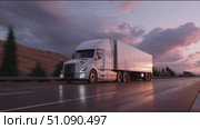 Long-distance trucking journey on a scenic highway during sunset hours. Стоковое AI-видео, аниматор Сергей Толмачёв / Фотобанк Лори