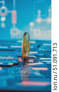 Cryptocurrency Showcase: A Close-Up of Bitcoin on a Digital Circuit Background, Symbolizing the Future of Finance and Technology in a High-Tech World. Стоковое AI-видео, аниматор Владимир Федоров / Фотобанк Лори