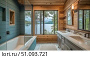 Modern luxury bathroom with picture window overlooking a tranquil lake and lush forest. Стоковое AI-изображение, AI-художник Михаил Коханчиков / Фотобанк Лори