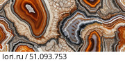 Close-up view of a stunning agate mineral stone displaying layers of warm browns, oranges, and contrasting grays, highlighting the natural textures and patterns formed over centuries Generative AI. Стоковое AI-изображение, AI-художник Юлия Петровская / Фотобанк Лори