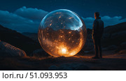Mysterious glowing sphere captivates an observer in a dark mountainous landscape at twilight. Стоковое AI-изображение, AI-художник Михаил Коханчиков / Фотобанк Лори