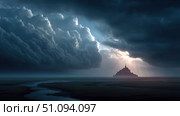 Dark castle rises from misty landscape under ominous clouds in a fantasy world. Стоковое AI-изображение, AI-художник Ксения Лаптева / Фотобанк Лори