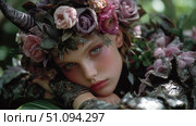 Fantasy dryad woman with floral crown in enchanting forest setting, inspired by nature's magic. Стоковое AI-изображение, AI-художник Ксения Лаптева / Фотобанк Лори