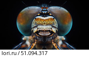 Detailed close-up of a vibrant dragonfly showcasing intricate eye. Стоковое AI-изображение, AI-художник Михаил Коханчиков / Фотобанк Лори