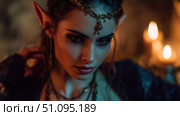 Dark elf character surrounded by candlelight in a mystical fantasy setting. Стоковое AI-изображение, AI-художник Ксения Лаптева / Фотобанк Лори