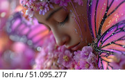 Woman fairy adorned with flowers and butterflies in a magical forest setting during twilight. Стоковое AI-изображение, AI-художник Ксения Лаптева / Фотобанк Лори