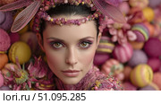 Enchanting fairy woman surrounded by colorful macarons in a magical forest setting. Стоковое AI-изображение, AI-художник Ксения Лаптева / Фотобанк Лори
