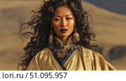 Oriental woman in traditional attire poses against mountainous backdrop during golden hour. Стоковое AI-изображение, AI-художник Ксения Лаптева / Фотобанк Лори