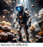Underwater Exploration: A Diver Explores the Depths of a Submerged Cave. Generative AI. Стоковое AI-изображение, AI-художник Roman Zavorotny / Фотобанк Лори