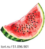 Juicy watermelon slice painted in fresh watercolor, isolated on white background. Vibrant summer fruit illustration with seeds and rind texture details. Стоковое AI-изображение, AI-художник Светлана Леуто / Фотобанк Лори