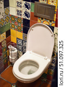 A photograph of a modern bathroom with a white toilet and bright decorative tiles on the walls. The interior is made in an eclectic style: the walls are covered with multi-colored ceramic tiles with patterns in ethnic and geometric styles - ornaments, flowers, birds, traditional motifs. In the foreground is a toilet with an open lid, next to which is a metal holder with toilet paper rolls. A modern push-button flush panel is installed on the wall. The atmosphere of the room combines practicality and an original design approach, creating a feeling of coziness and brightness in an everyday interior. Стоковое фото, фотограф Анна Кривицкая / Фотобанк Лори