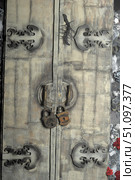 An antique massive door decorated with forged metal parts. The two doors are made of wood with an aging effect and a rough texture, complemented by decorative metal overlays with a patterned ornament. In the center are two massive ring handles connected by a chain with two old rusty locks of different shapes. An artificial decorative element in the form of an insect is also noticeable on the door, giving the composition mystery and atmosphere. Along the edges of the image, dark details with a stone surface effect and several scarlet roses are visible, creating a contrast between the rough texture of the door and bright accents. The atmosphere of the photo is mystical, medieval, with notes of Gothic and mystery. Стоковое фото, фотограф Анна Кривицкая / Фотобанк Лори