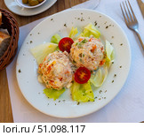 Appetizing Olivier salad with eggs, greens, vegetables, lettuce. Spanish cuisine. Стоковое фото, фотограф Яков Филимонов / Фотобанк Лори