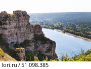Top view of natural landmark - steep White Cliffs along bank of Siberian Belaya River, near village of Kholmushino, Usolye-Sibirskoye district, Irkutsk region. Beautiful summer landscape. Natural background. Стоковое фото, фотограф Виктория Катьянова / Фотобанк Лори
