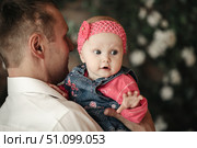 Cherished Daughter, Father Holds Cute Baby Girl Indoor, Soft Light. Стоковое фото, фотограф Aleksandr Golubev / Фотобанк Лори