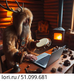 In the sanctified realm of the shaman's abode, he stands beside an ajar laptop, tambourine gracefully held. Meticulously arranged before him are revered instruments, creating a tableau where the laptop, emblematic of contemporary divergence, coalesces with timeless traditions, depicting the seamless amalgamation of spiritual and technological dimensions. Стоковое AI-изображение, AI-художник Андрей Ка / Фотобанк Лори
