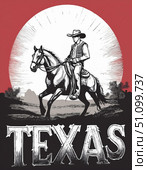 Illustrated cowboy atop horse, vivid Texas sunset backdrop, bold symbolic Texas text, dramatic silhouette effect, celebratory southern tradition, rustic charm, American frontier inspiration. Стоковое AI-изображение, AI-художник Андрей Ка / Фотобанк Лори