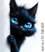 A black cat with blue eyes is peeking out from behind a white wall. Стоковое AI-изображение, AI-художник Ярославский Максим / Фотобанк Лори