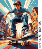 A boy is skateboarding in a city. Стоковое AI-изображение, AI-художник Ярославский Максим / Фотобанк Лори