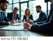 A group of businessmen and lawyers discusses contract documents, consultation. Стоковое AI-изображение, AI-художник ketpro.design / Фотобанк Лори