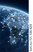 Global connectivity: digital network across earth with focus on africa. Стоковое AI-изображение, AI-художник Olga Didraga / Фотобанк Лори