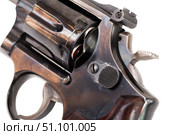 Closeup view of loaded revolver with cocked hammer. Стоковое фото, фотограф Татьяна Яцевич / Фотобанк Лори