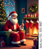 Santa claus relaxing by the fireplace with candy cane on a cozy christmas eve. Стоковое AI-изображение, AI-художник Сергей Бирюков / Фотобанк Лори