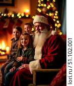 Smiling santa claus with children by christmas tree and fireplace. Стоковое AI-изображение, AI-художник Сергей Бирюков / Фотобанк Лори