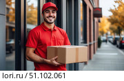 A man in a red shirt is holding a cardboard box. Стоковое AI-изображение, AI-художник Ярославский Максим / Фотобанк Лори