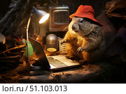 Marmot in red Panama hat working on laptop in hole Groundhog Day anthropomorphic marmot. Стоковое AI-изображение, AI-художник Елена Гоосен / Фотобанк Лори