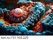 Endometrium with with egg close up, ovaries ovulation microbiological background with molecules and cells, organelles. Стоковое AI-изображение, AI-художник Елена Гоосен / Фотобанк Лори