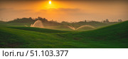 Automatic water sprinklers irrigating a lush green golf course at sunset, creating a serene landscape with golden light illuminating water droplets and rolling hills. Стоковое фото, фотограф Ольга Ильина / Фотобанк Лори