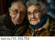 Elderly couple posing together, showing deep affection and timelessness of love. Стоковое AI-изображение, AI-художник Иван Рябоконь / Фотобанк Лори