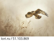 Falcon gliding over tall grass in misty landscape. Стоковое AI-изображение, AI-художник Иван Рябоконь / Фотобанк Лори