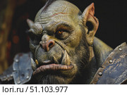 Orc warrior wearing metal armor, showing its tusks. Стоковое AI-изображение, AI-художник Иван Рябоконь / Фотобанк Лори