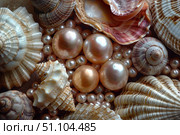 Pink pearls and various seashells showing marine treasures. Стоковое AI-изображение, AI-художник Иван Рябоконь / Фотобанк Лори