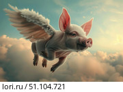 Pig flying in the sky with angel wings, when pigs fly idiom depiction. Стоковое AI-изображение, AI-художник Иван Рябоконь / Фотобанк Лори
