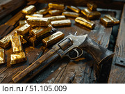 Engraved revolver lies on wooden table near gold bars. Стоковое AI-изображение, AI-художник Иван Рябоконь / Фотобанк Лори