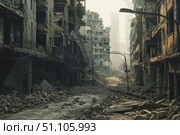 Destroyed city street showing the aftermath of war and destruction. Стоковое AI-изображение, AI-художник Иван Рябоконь / Фотобанк Лори