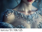 Woman wearing sparkling beaded dress, close up of bodice. Стоковое AI-изображение, AI-художник Иван Рябоконь / Фотобанк Лори